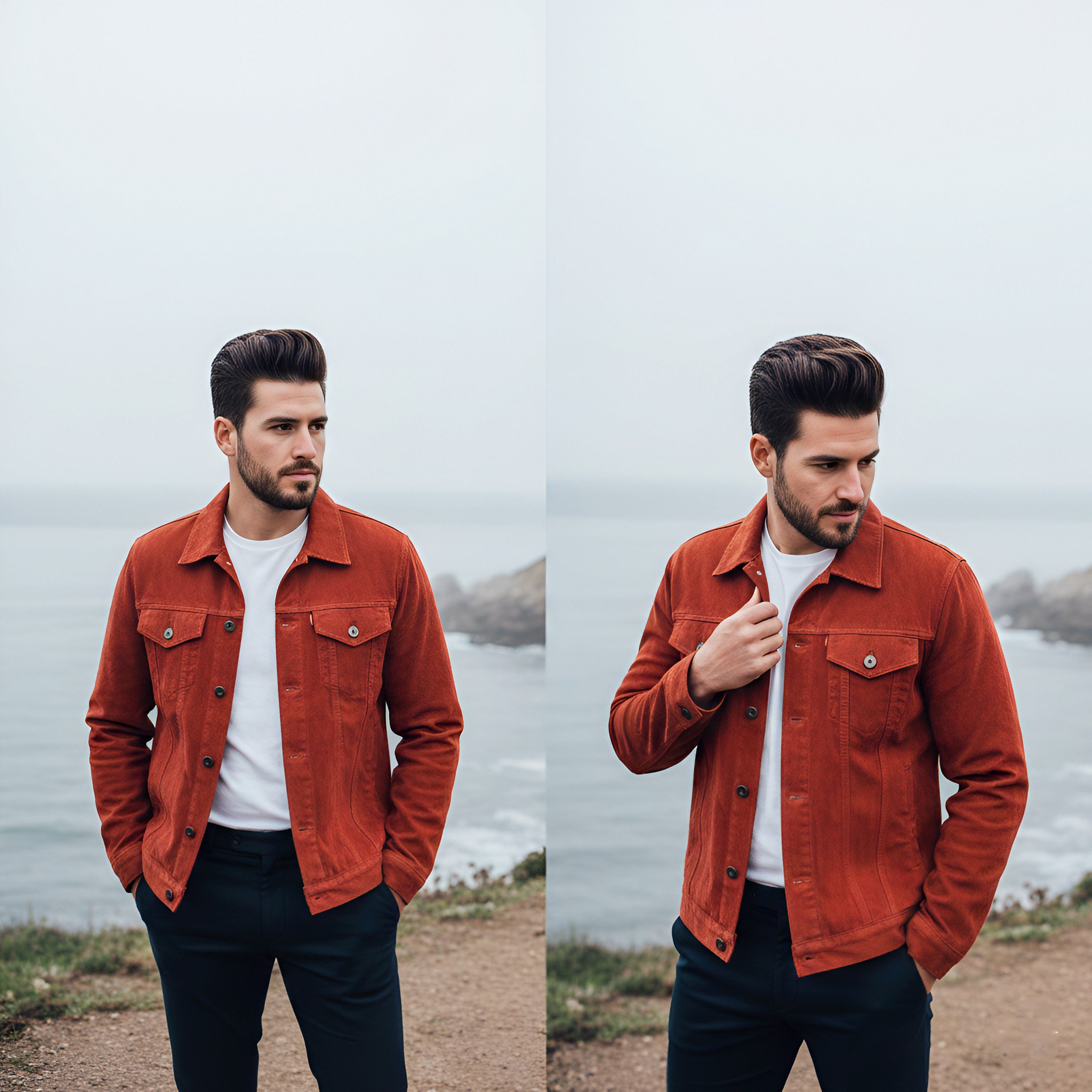 Lelaki Bergaya Jaket Korduroi di Tebing Pantai