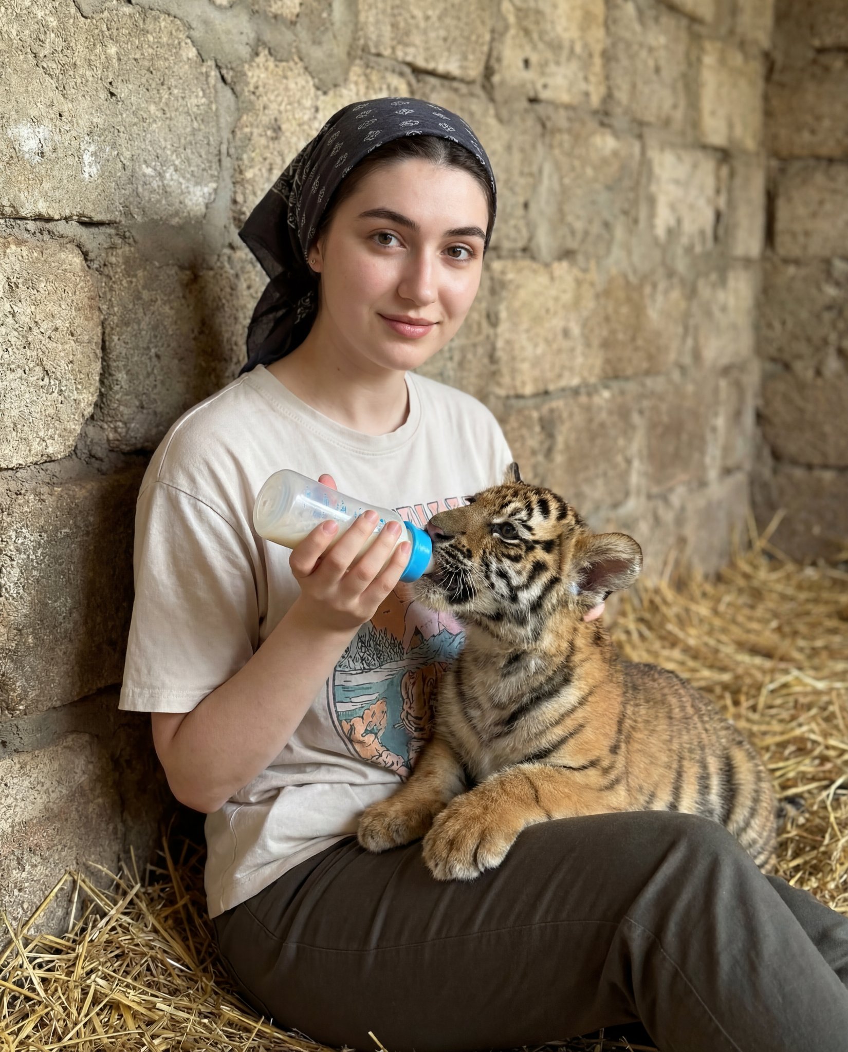 Portrait of a Girl Feeding a Tiger Cub