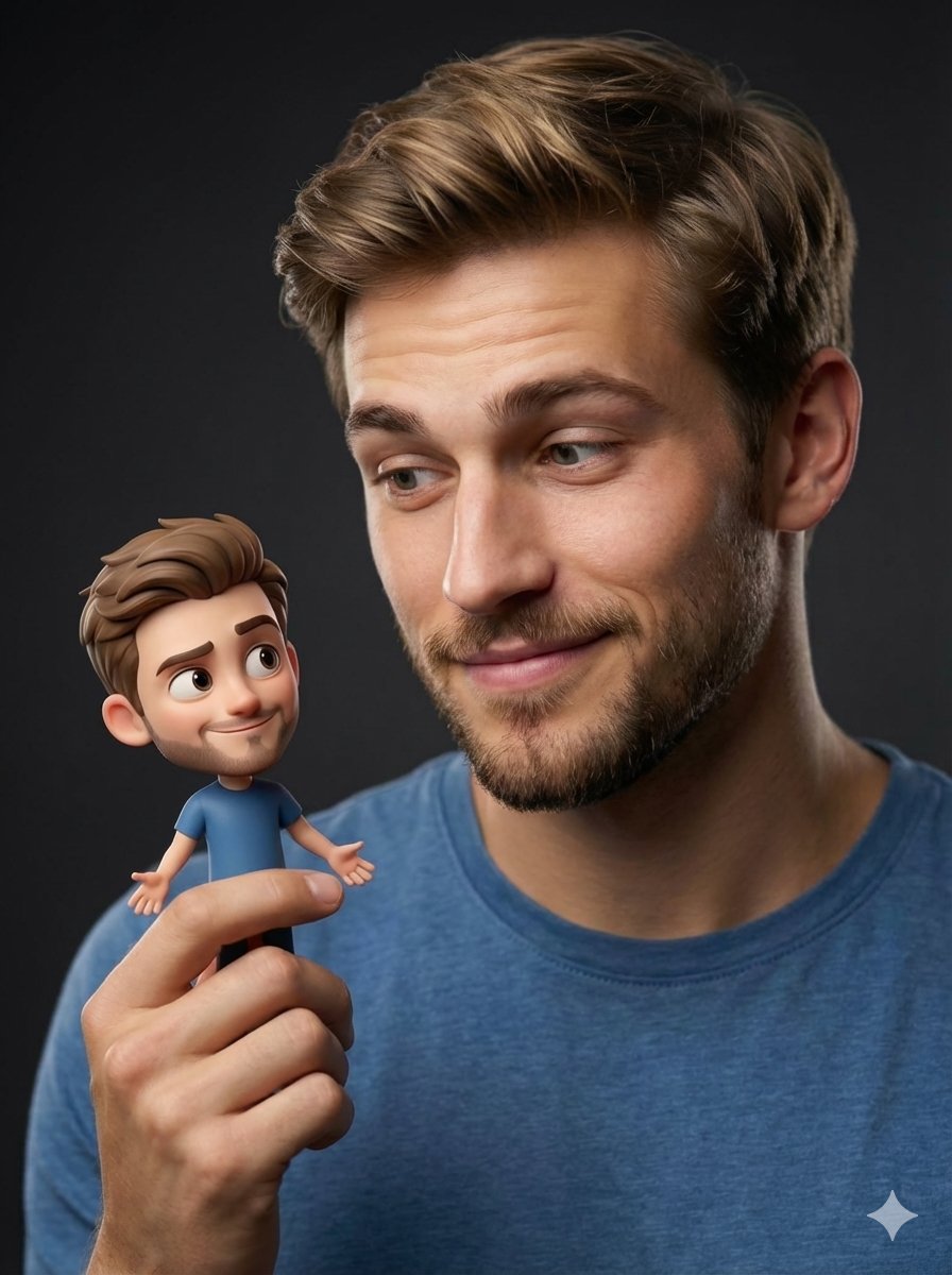 Potret Lelaki Realistik dengan Watak 3D Mini