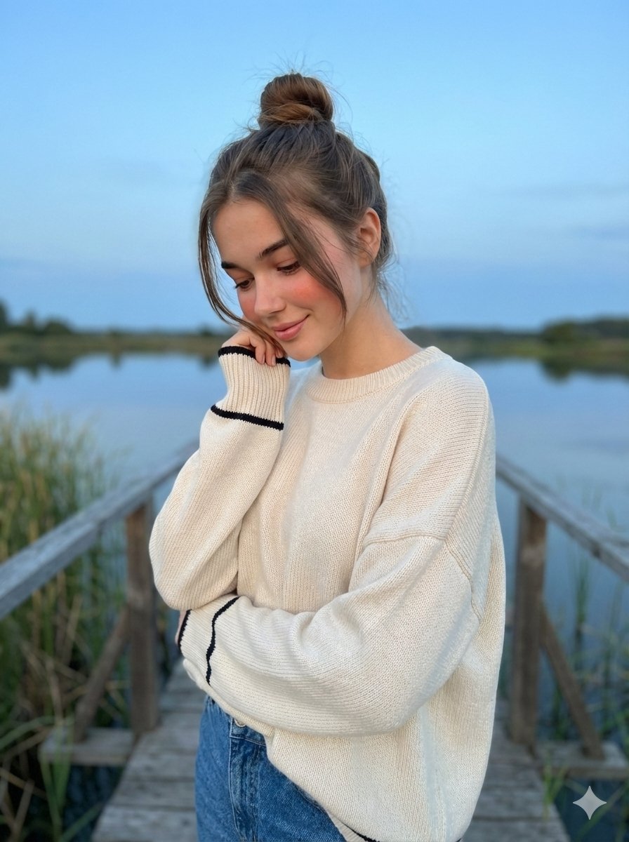 Potret Wanita Muda Santai di Jeti Tasik Waktu Senja - Image 1