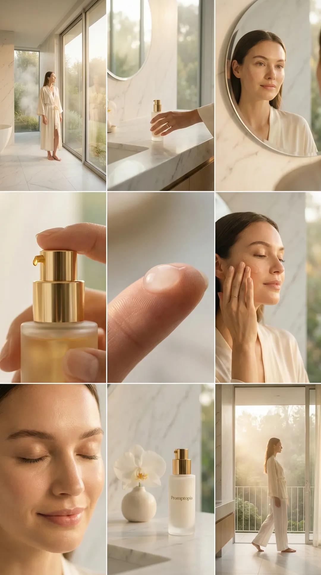 Aesthetic Skincare Routine Collage in Luxury Bathroom