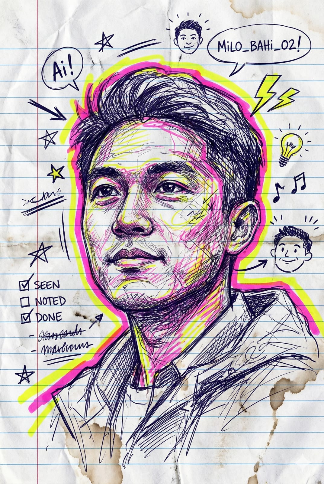 Pen Doodle Art Portrait on Notebook Paper