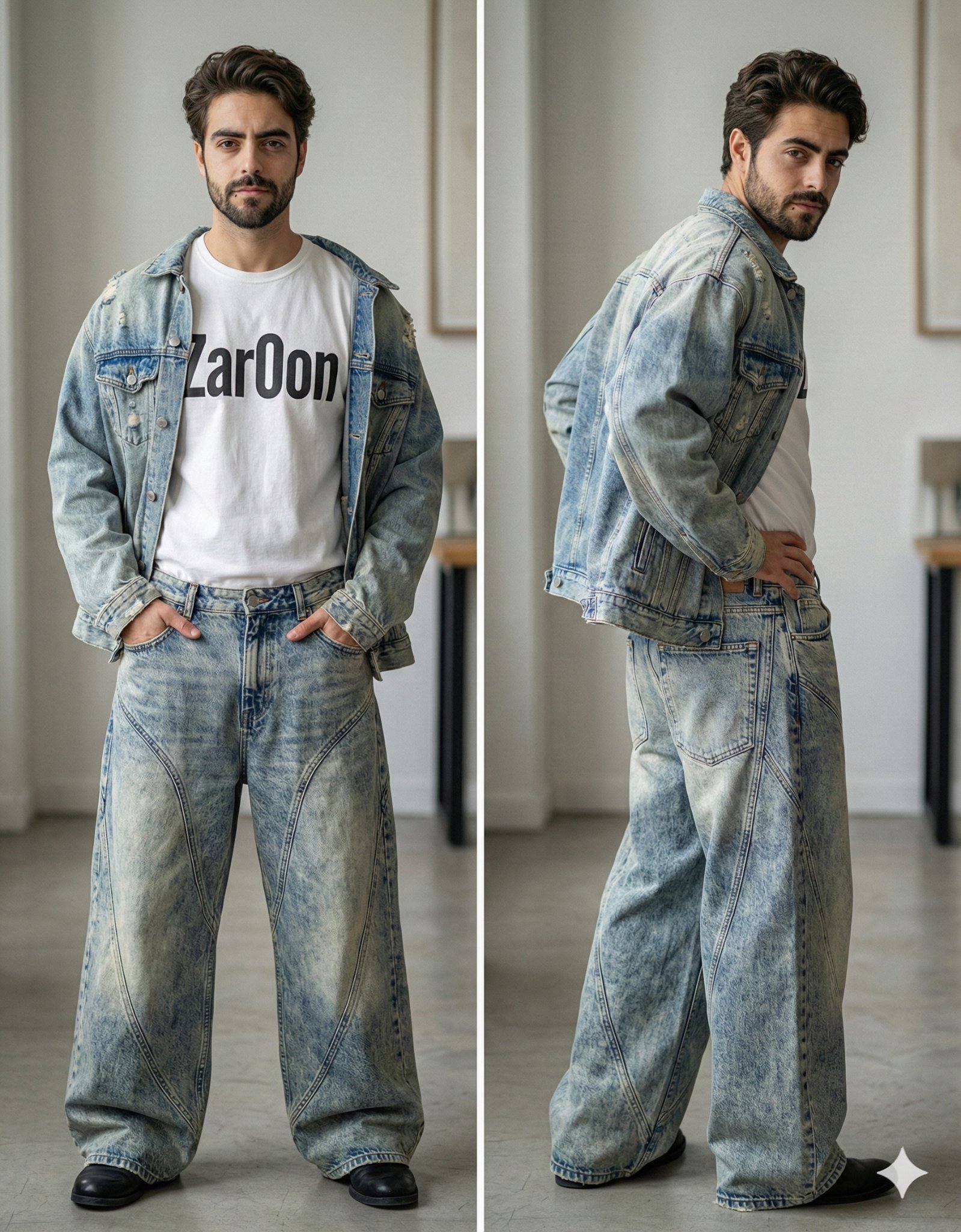 Bearded Model in Y2K Denim Streetwear