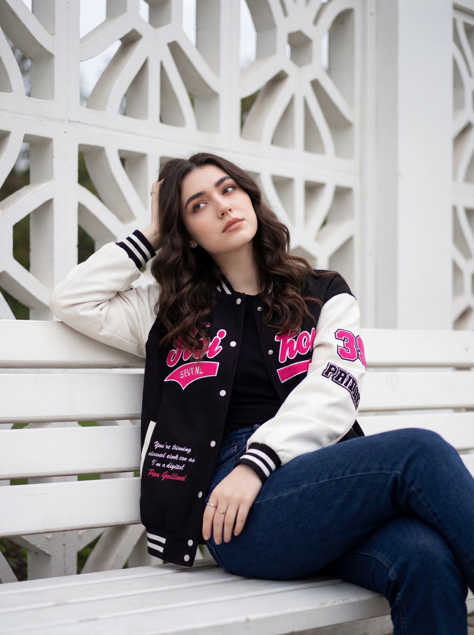 Casual Portrait of Woman in Varsity Jacket