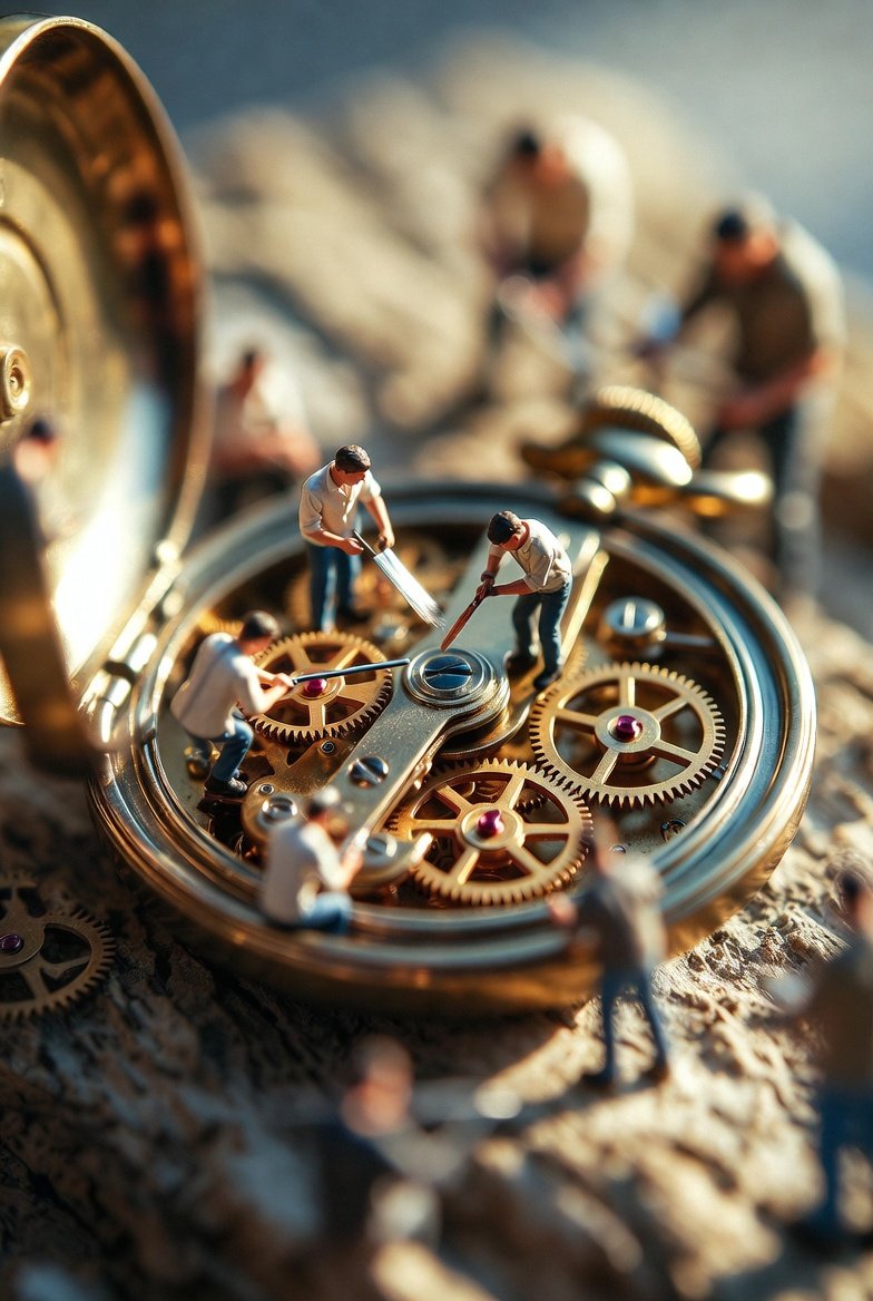 Foto Makro Pekerja Mini Membaiki Jam Poket Antik