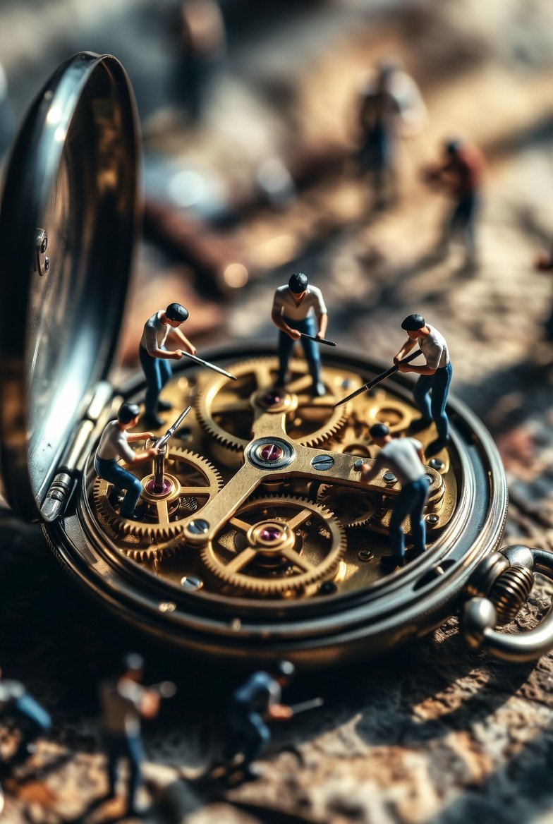 Foto Makro Pekerja Mini Membaiki Jam Poket Antik - Image 2