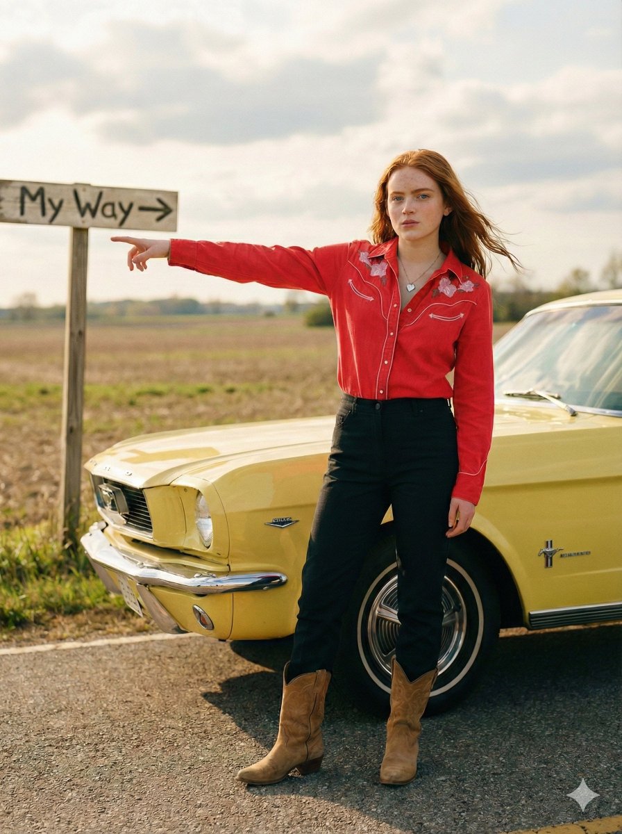 Potret Wanita Gaya Americana Tunjuk Arah Tepi Kereta