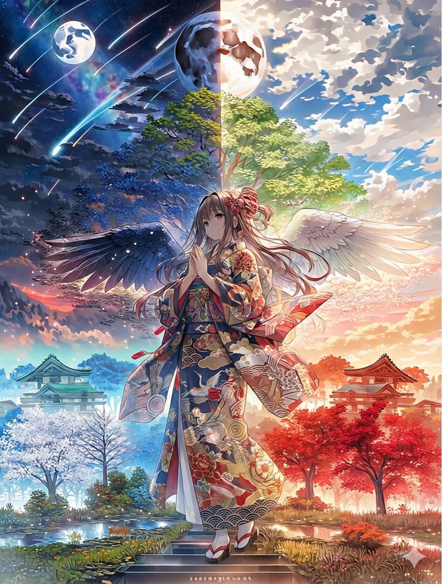 Gadis Anime Fantasi Sayap Hitam & Putih