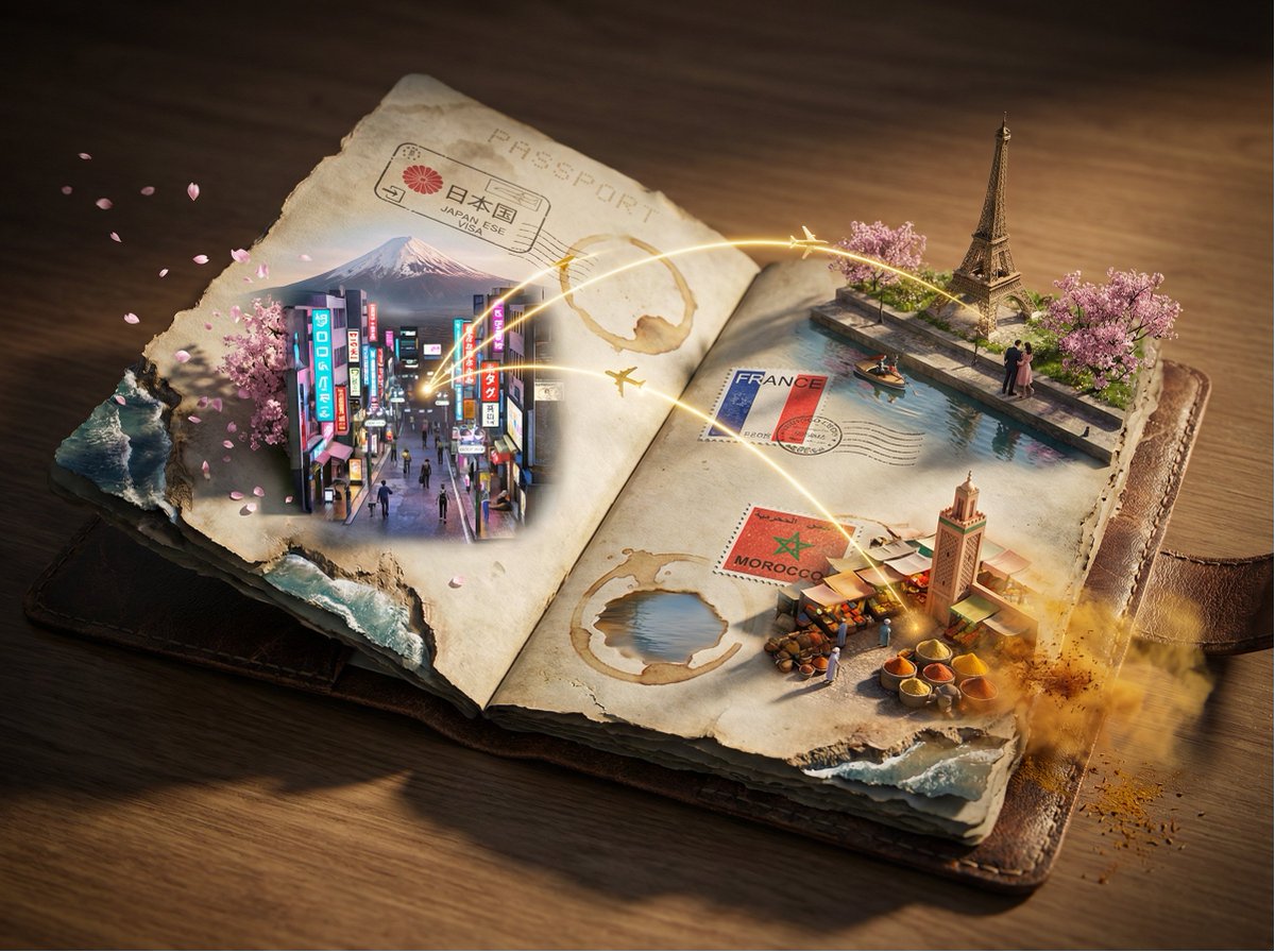 3D Scene of Open Passport with Miniature Cities