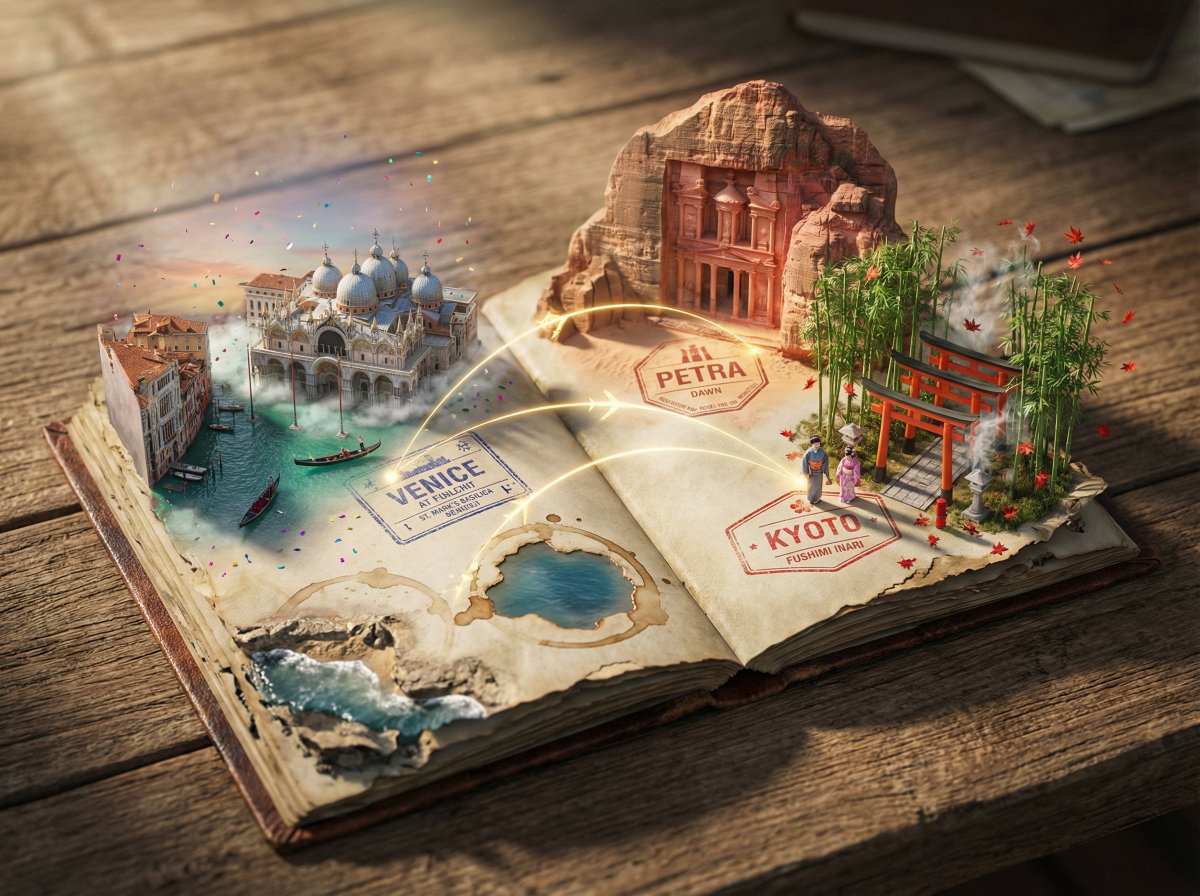 3D Scene of Open Passport with Miniature Cities - Image 2