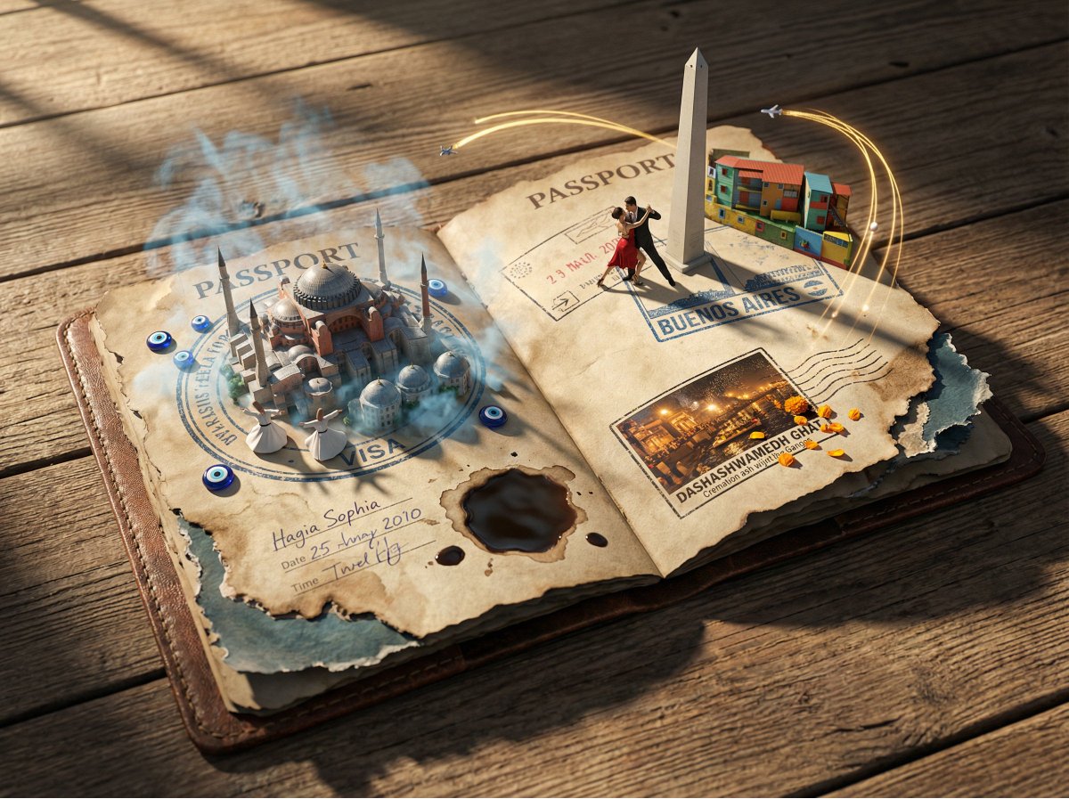3D Scene of Open Passport with Miniature Cities - Image 3