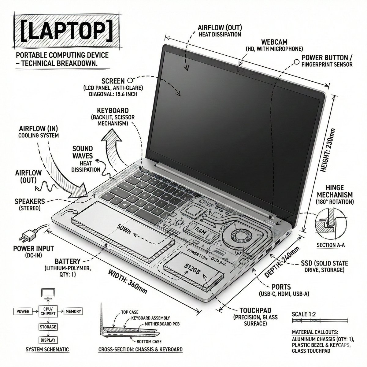 Infografik Laptop Gaya Sketsa Teknikal