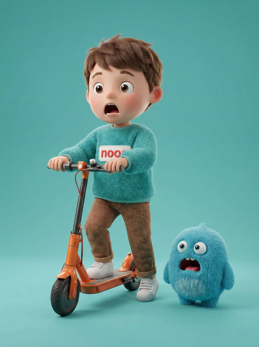 Render 3D Budak Comel & Raksasa Biru Naik Skuter