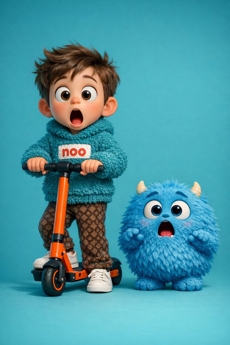 Render 3D Budak Comel & Raksasa Biru Naik Skuter - Image 2