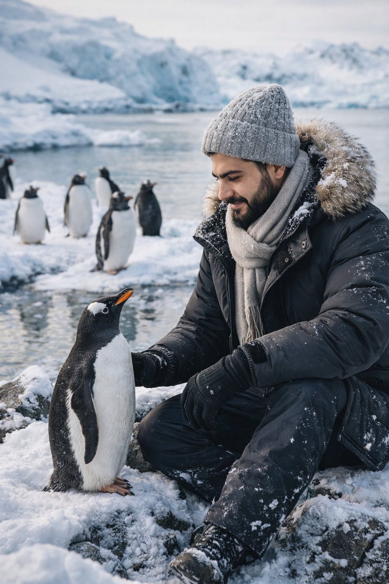 Potret Lelaki Realistik Bersama Penguin di Salji