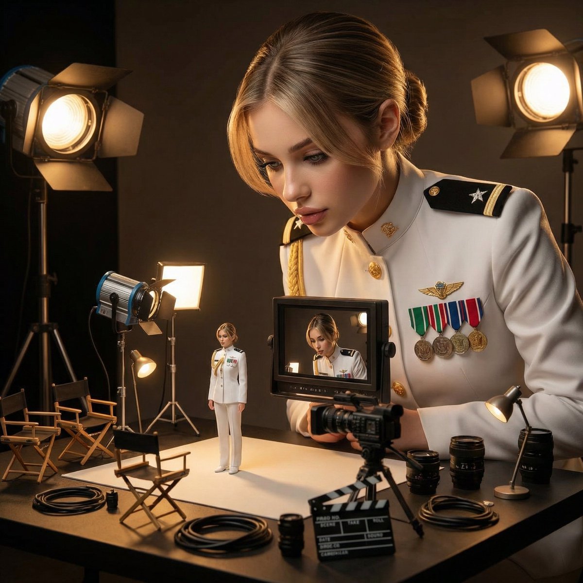 Wanita Memantau Versi Mini Diri Sendiri Di Set Filem