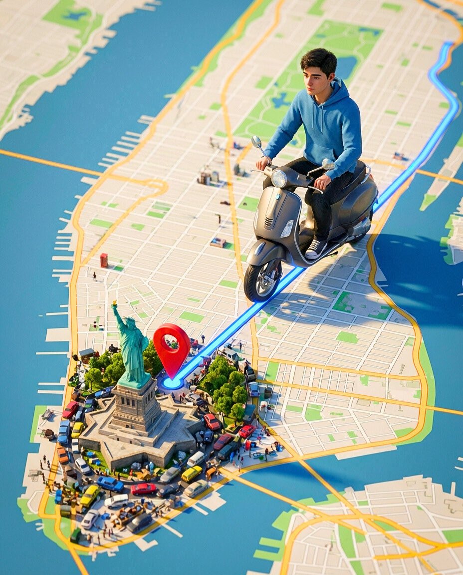 Seni 3D Surreal: Penunggang Skuter di Peta GPS