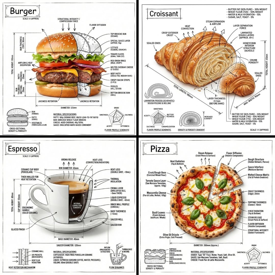 Infografik Makanan Realistik dengan Sketsa Teknikal