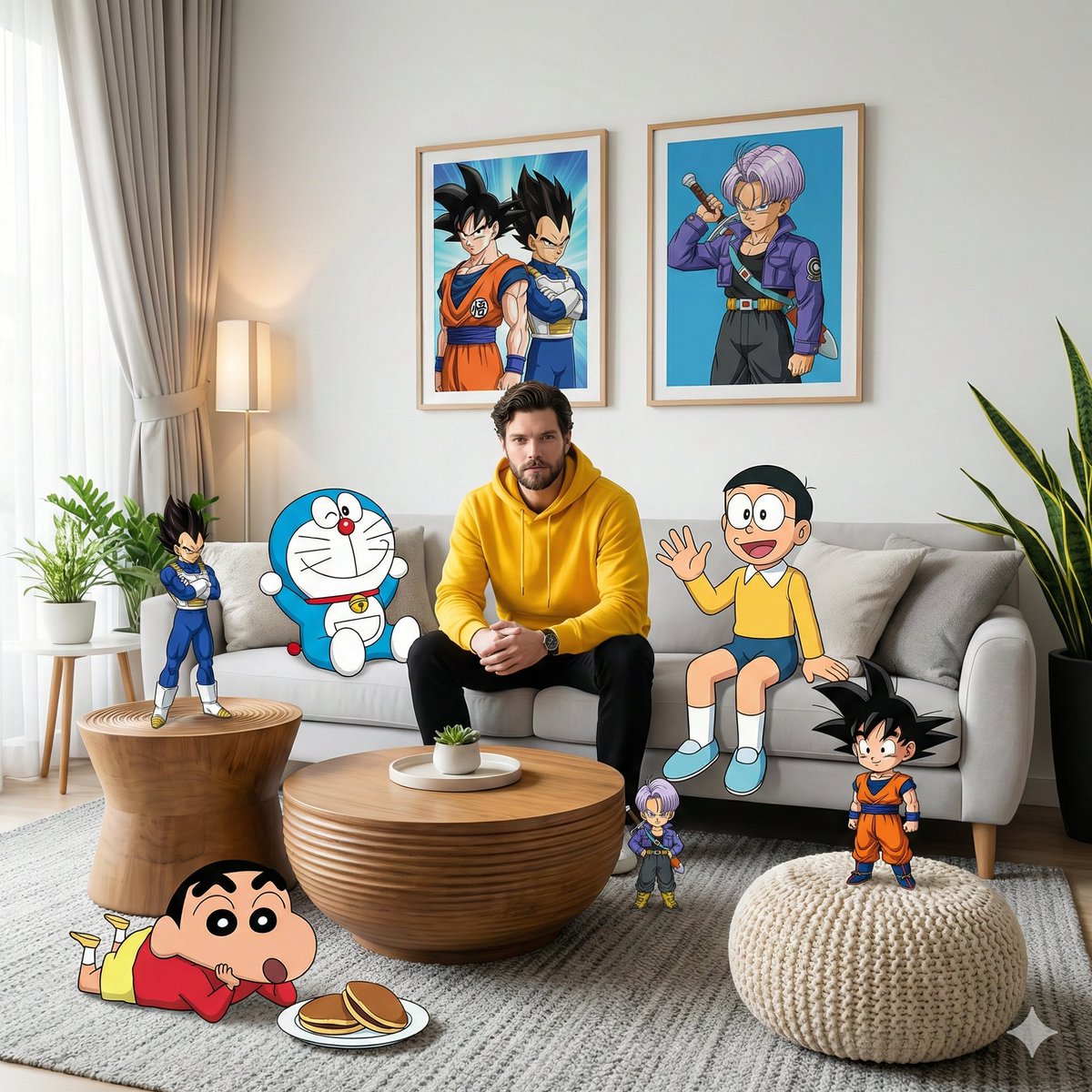 Portrait of Man & Anime Characters in Modern Living Room