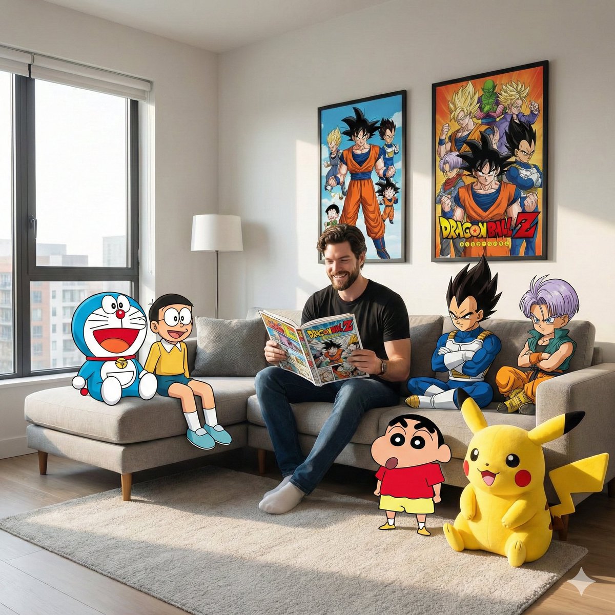 Portrait of Man & Anime Characters in Modern Living Room - Image 2