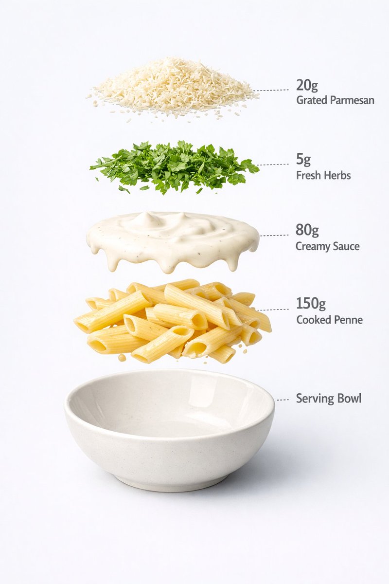 Pasta Penne Creamy: Fotografi & Pandangan 'Exploded View'
