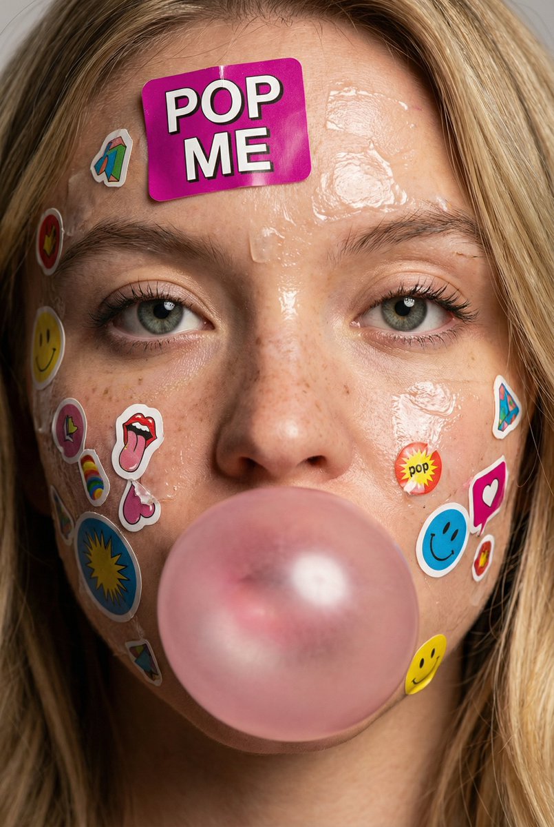 Potret Close-up Muka Penuh Sticker & Bubblegum