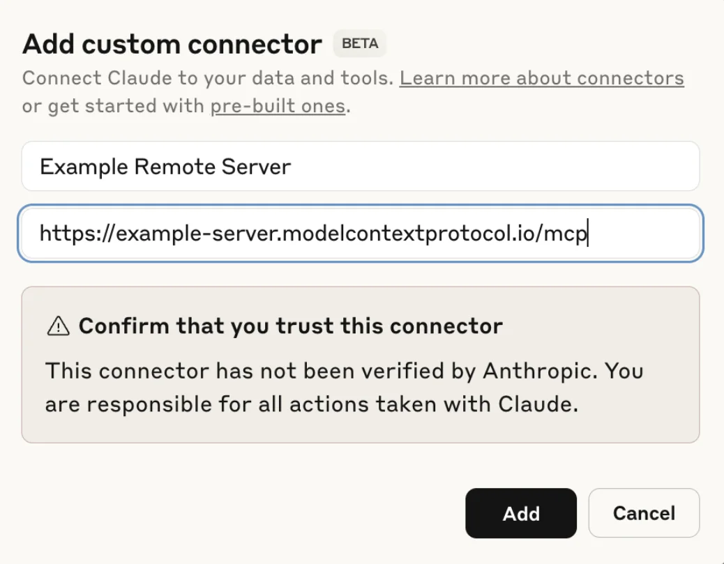 Dialog Add custom connector dengan ruang nama, ruang URL dan amaran Confirm that you trust this connector