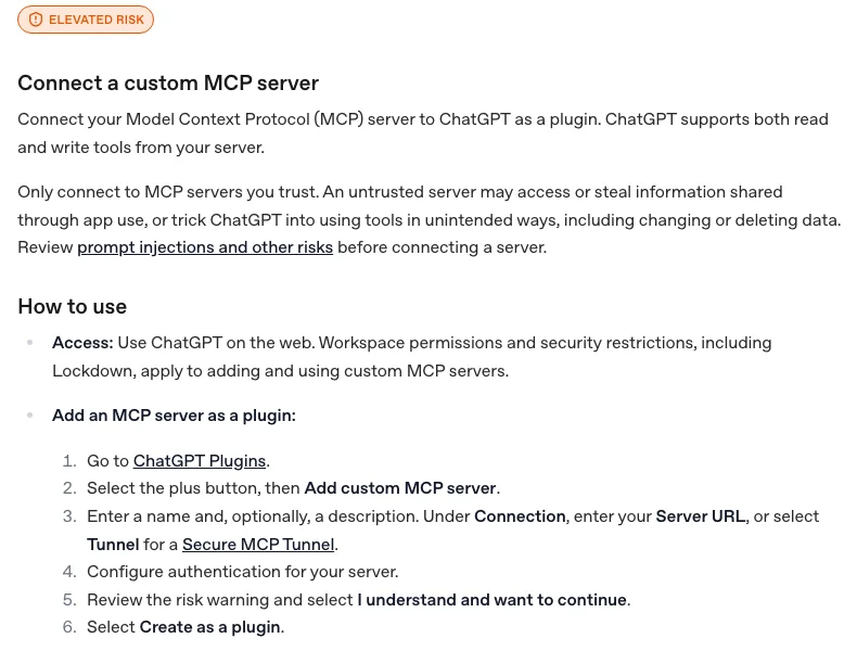Panduan OpenAI untuk menambah custom MCP server dengan tanda ELEVATED RISK dan enam langkah