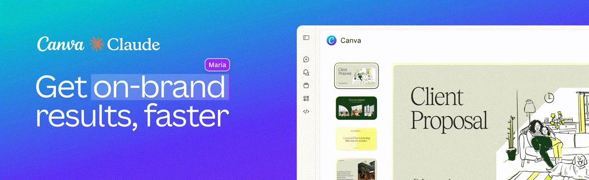 Banner rasmi Canva dan Claude dengan paparan deck Client Proposal dalam Canva