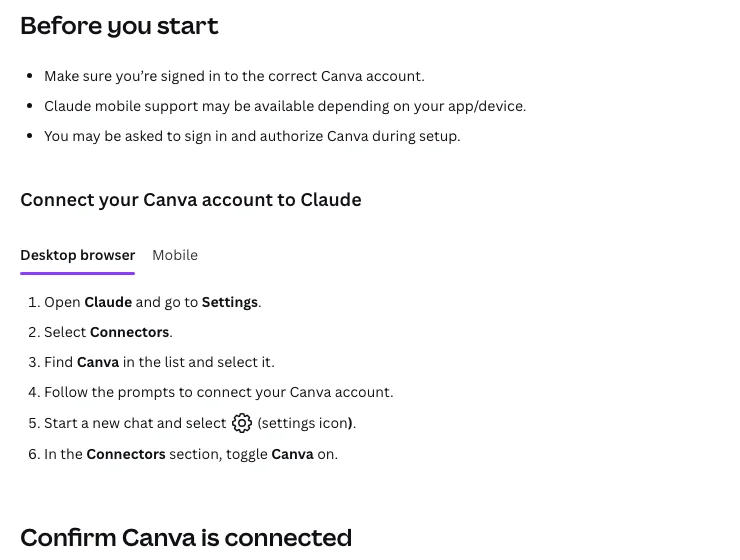 Langkah rasmi Canva untuk menyambung akaun Canva ke Claude