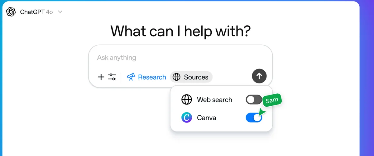 Menu alat ChatGPT dengan toggle Canva dihidupkan
