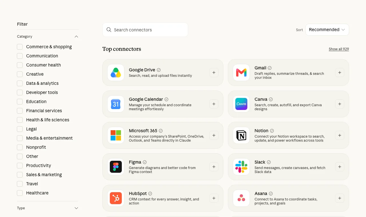 Direktori connector Claude dengan kotak carian dan senarai connector seperti Gmail, Canva, Notion dan Asana