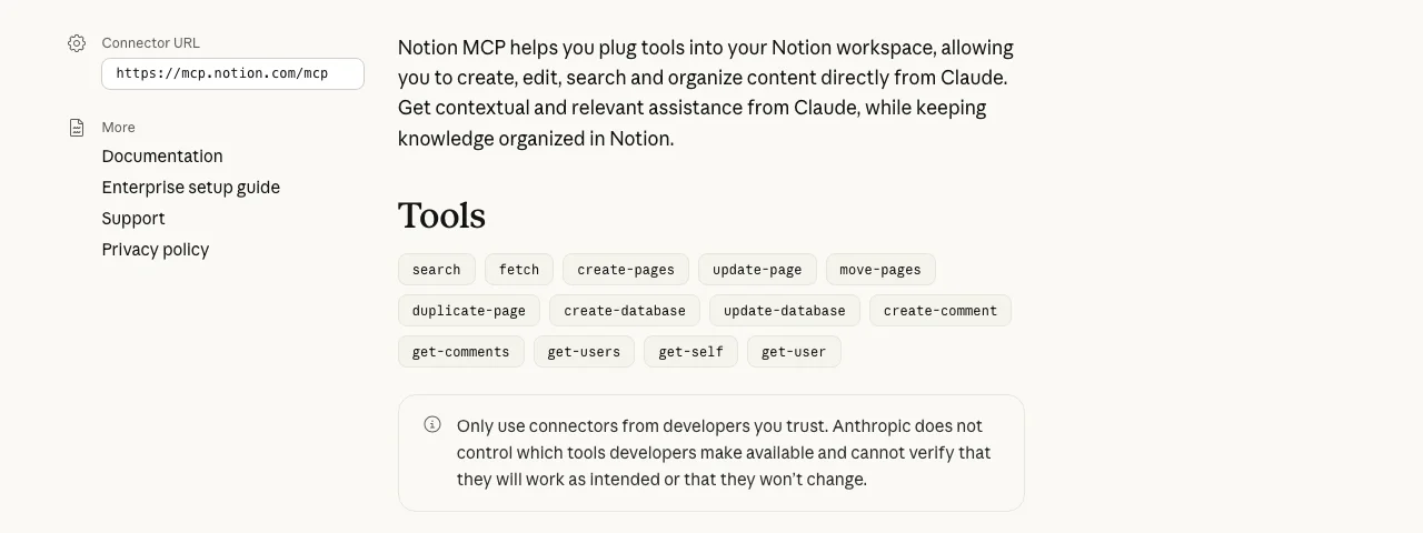 Halaman connector Notion dalam direktori Claude dengan 13 tindakan dan amaran guna developer yang dipercayai
