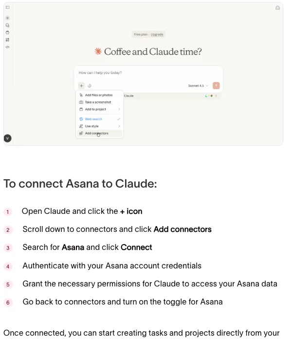 Halaman bantuan Asana dengan enam langkah menyambung Asana ke Claude