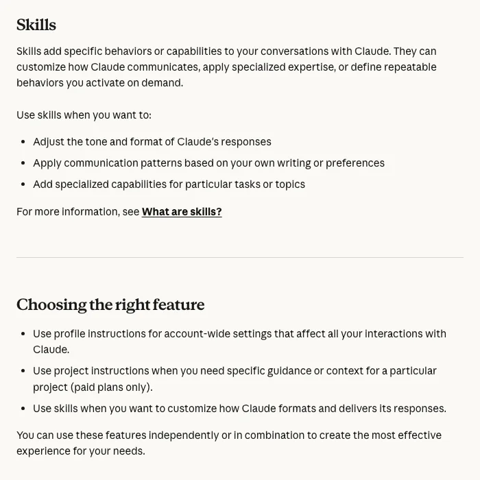 Panduan bantuan Claude: skill untuk ubah nada dan format jawapan, dan cara memilih antara instructions dan skill