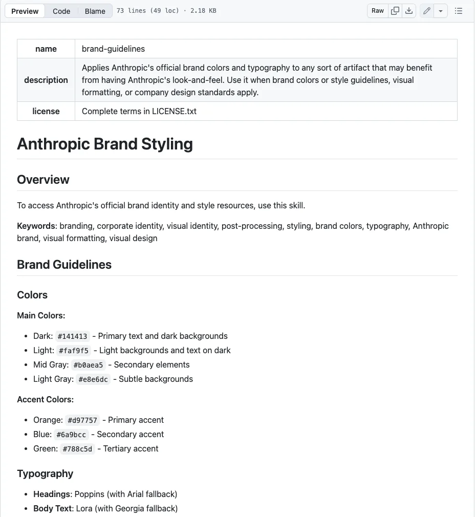 SKILL.md brand-guidelines Anthropic dengan senarai kod warna dan fon