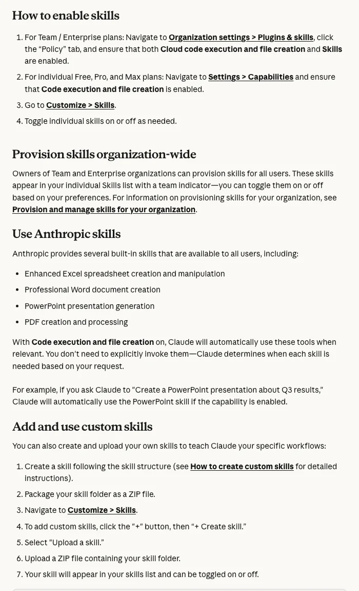 Halaman bantuan rasmi Claude tentang cara hidupkan skill dan muat naik skill dalam bentuk fail zip