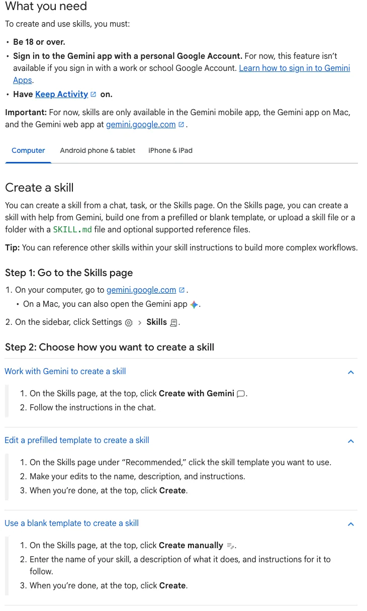 Halaman bantuan rasmi Gemini tentang syarat dan cara cipta skill melalui Settings dan Skills