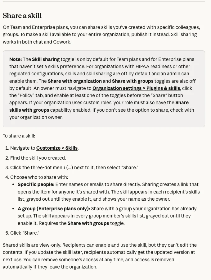 Halaman Help Center Claude tentang langkah Share a skill dengan nota settings Owner