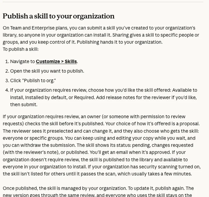 Halaman Help Center Claude tentang Publish a skill to your organization
