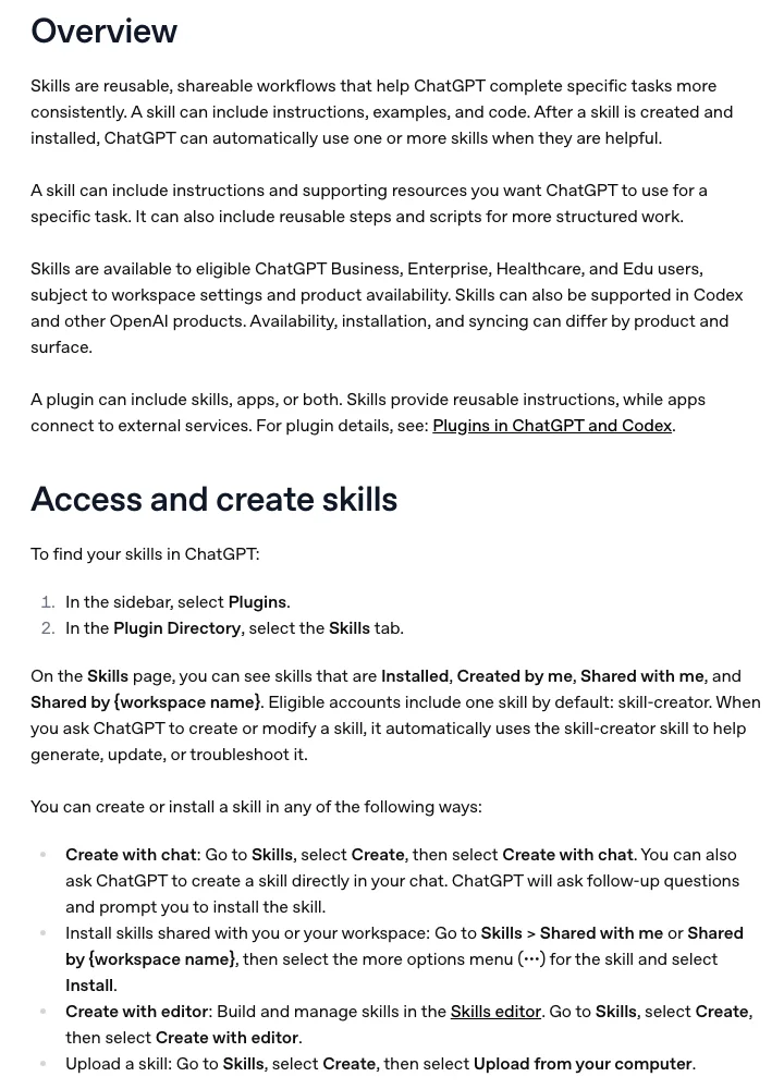 Halaman bantuan ChatGPT tentang Skills, dengan senarai Installed, Created by me dan Shared with me