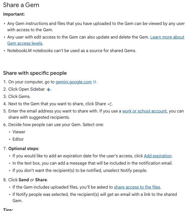 Halaman bantuan Gemini tentang langkah Share a Gem dengan pilihan Viewer dan Editor