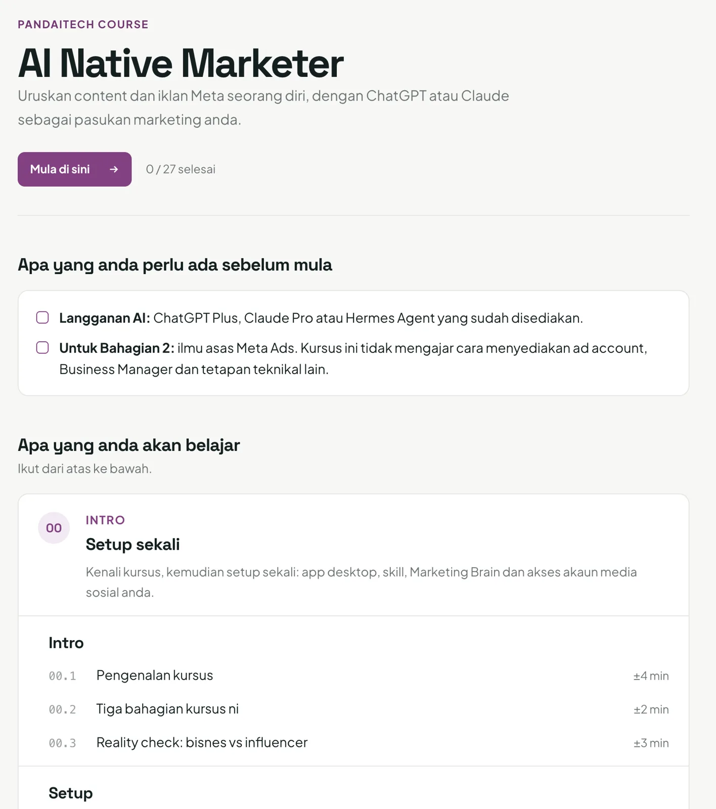 Halaman utama kursus AI Native Marketer: senarai pelajaran dan minit setiap pelajaran