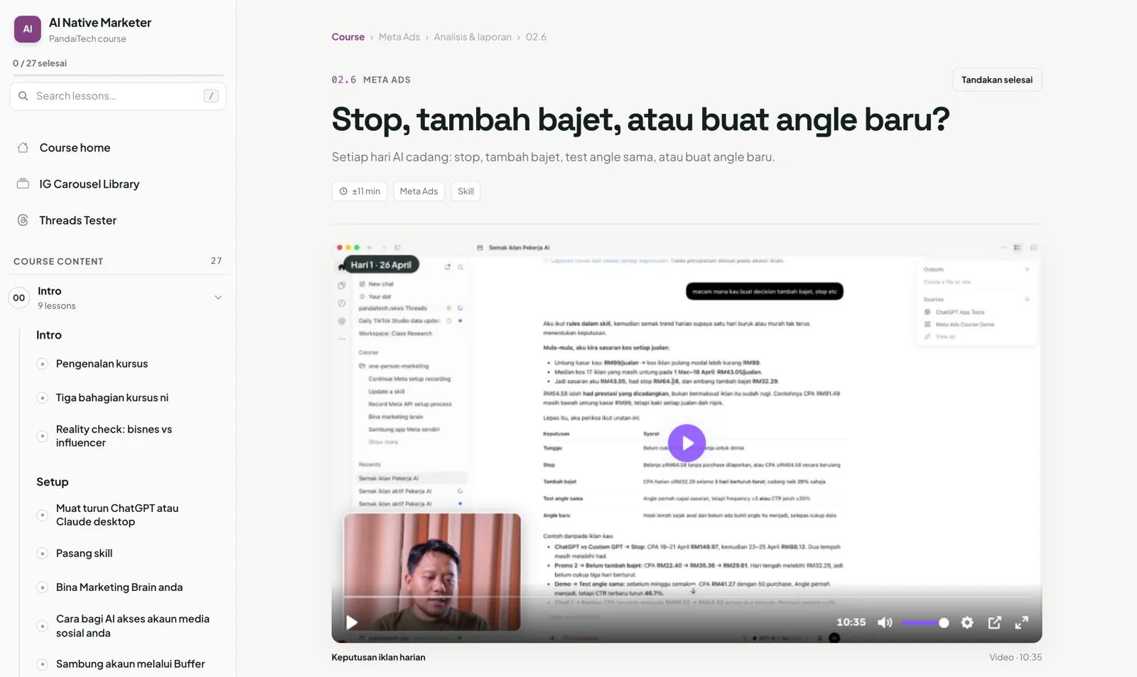 Pelajaran video dalam portal kursus AI Native Marketer: Faiq di kamera, senarai 27 pelajaran di sisi
