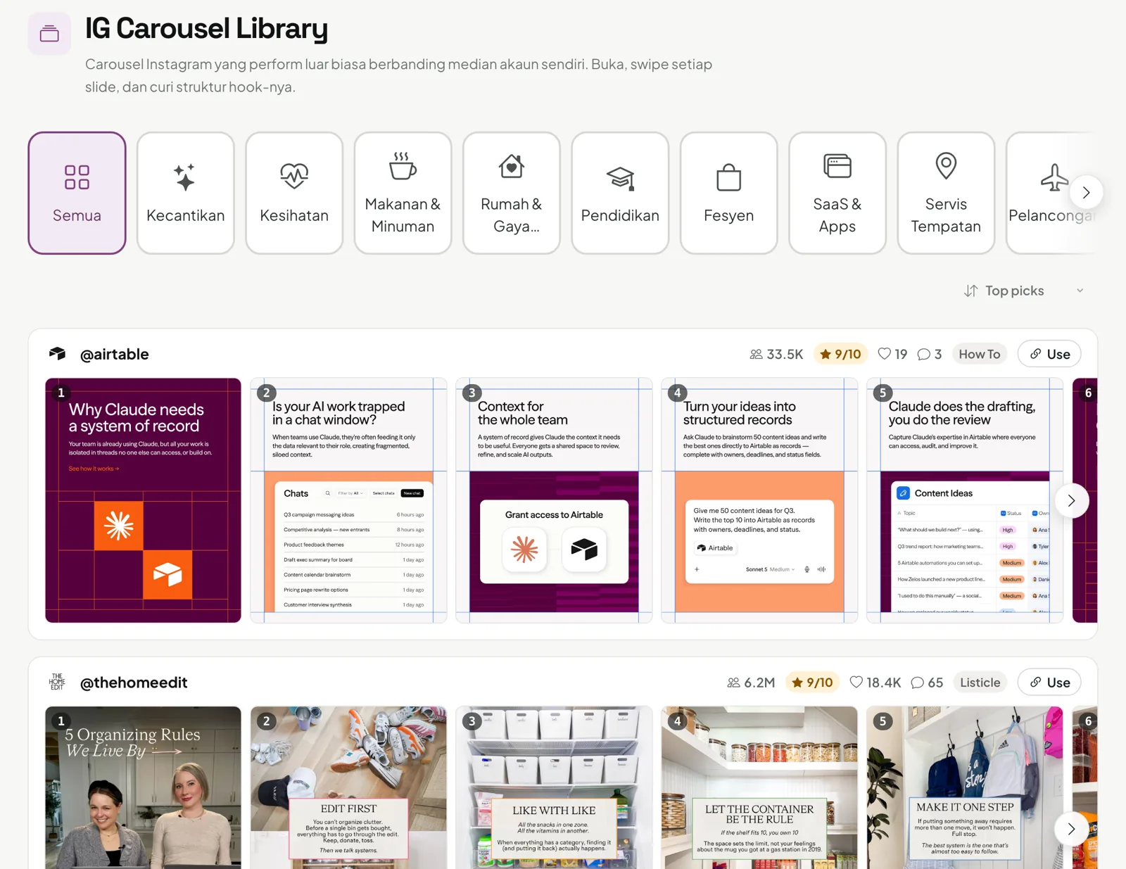 IG Carousel Library dalam kursus: carousel Instagram yang perform, ikut industri dan skor