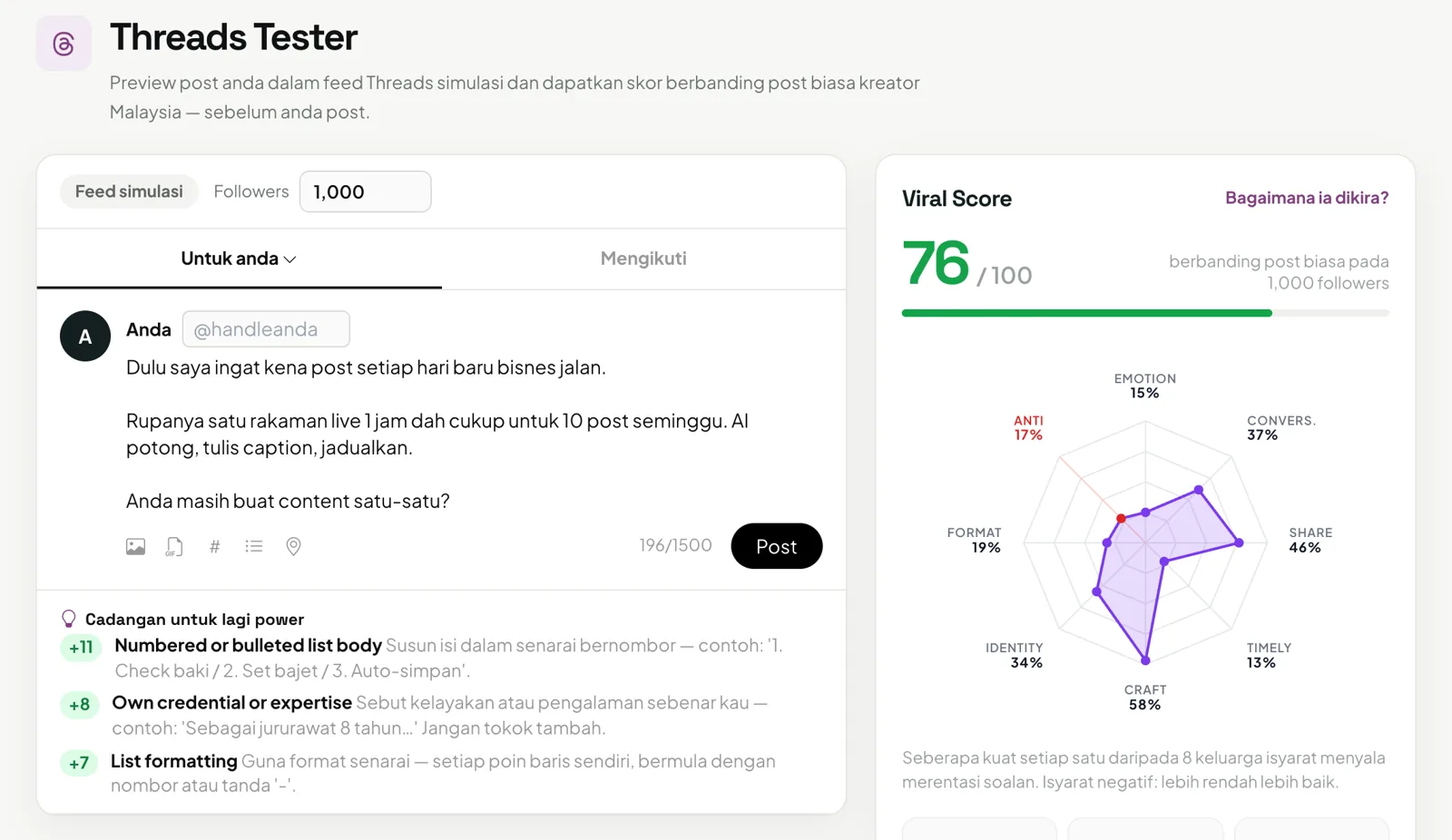 Threads Tester dalam kursus: Viral Score 76/100 dengan cadangan untuk lagi power