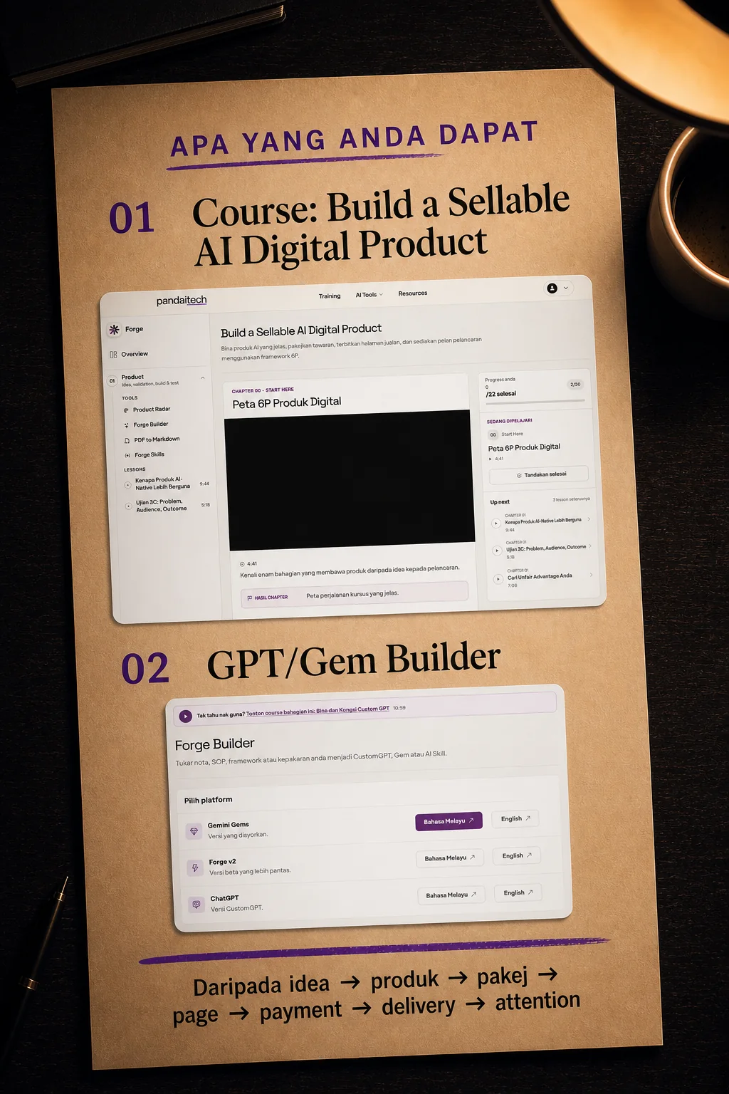 Course Forge dan GPT Gem Builder sebagai dua bahagian utama untuk menyiapkan produk AI.