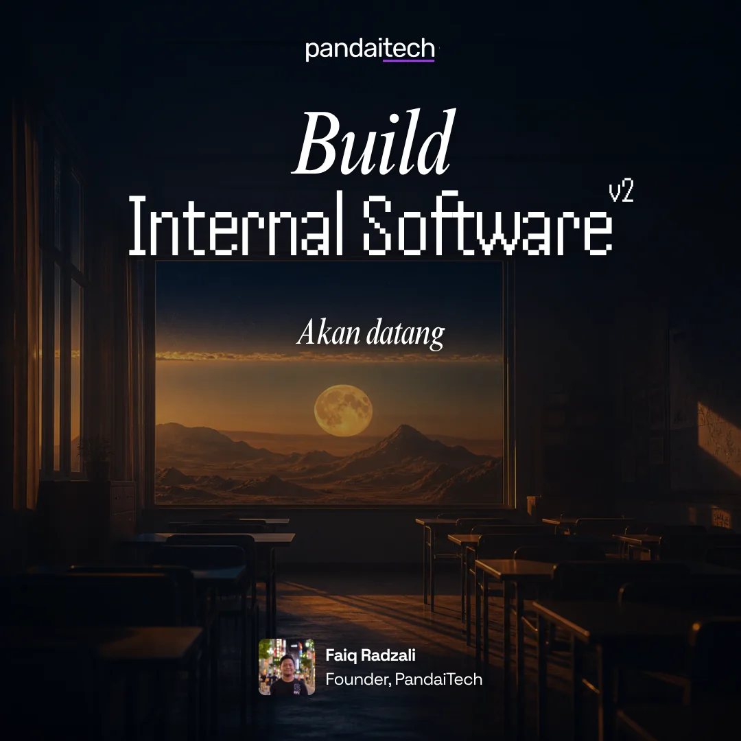 Poster Build Internal Software v2 dalam suasana bilik darjah menghadap landskap bulan