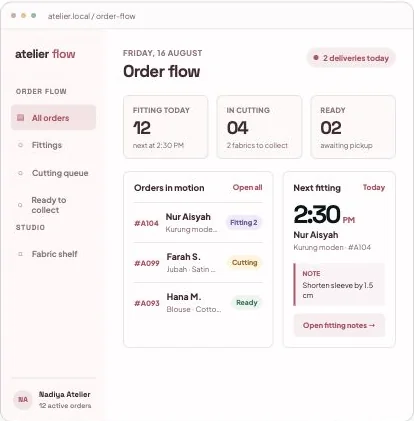 Screenshot mockup Fitting-to-Finish Tracker untuk butik jahitan