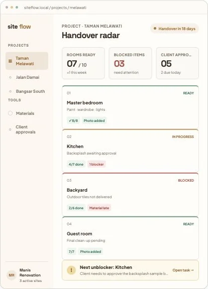 Screenshot mockup Site Handover Radar untuk kontraktor renovasi